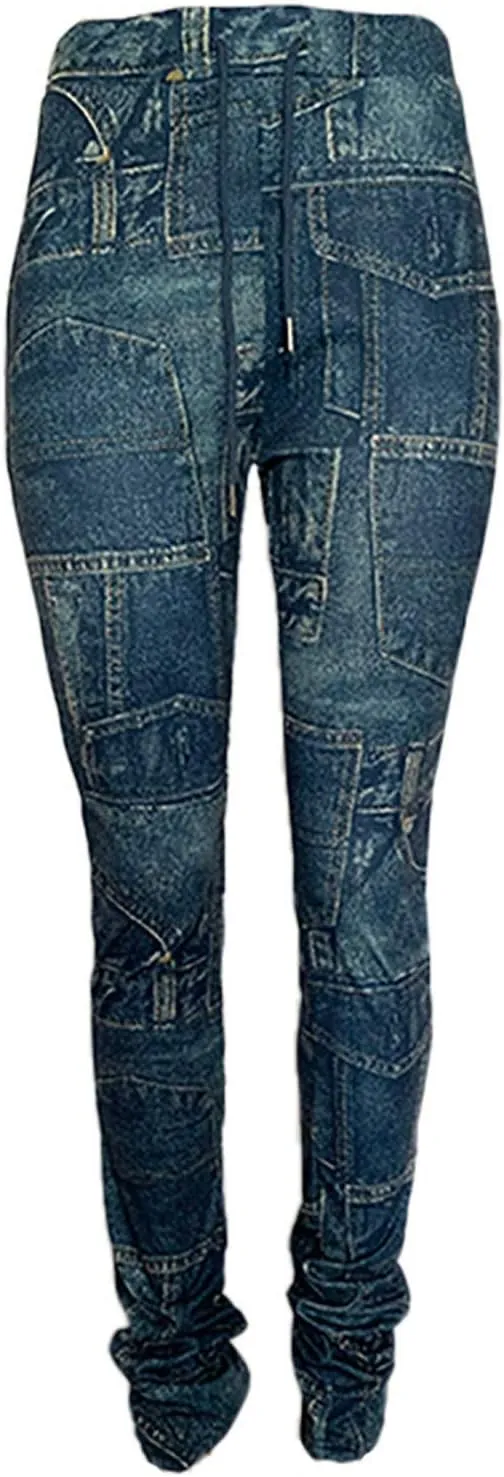 Women Casual Jeans Print Trousers High Waist Drawstring Stacked Pants Vintage Stretch Palazzo Trousers