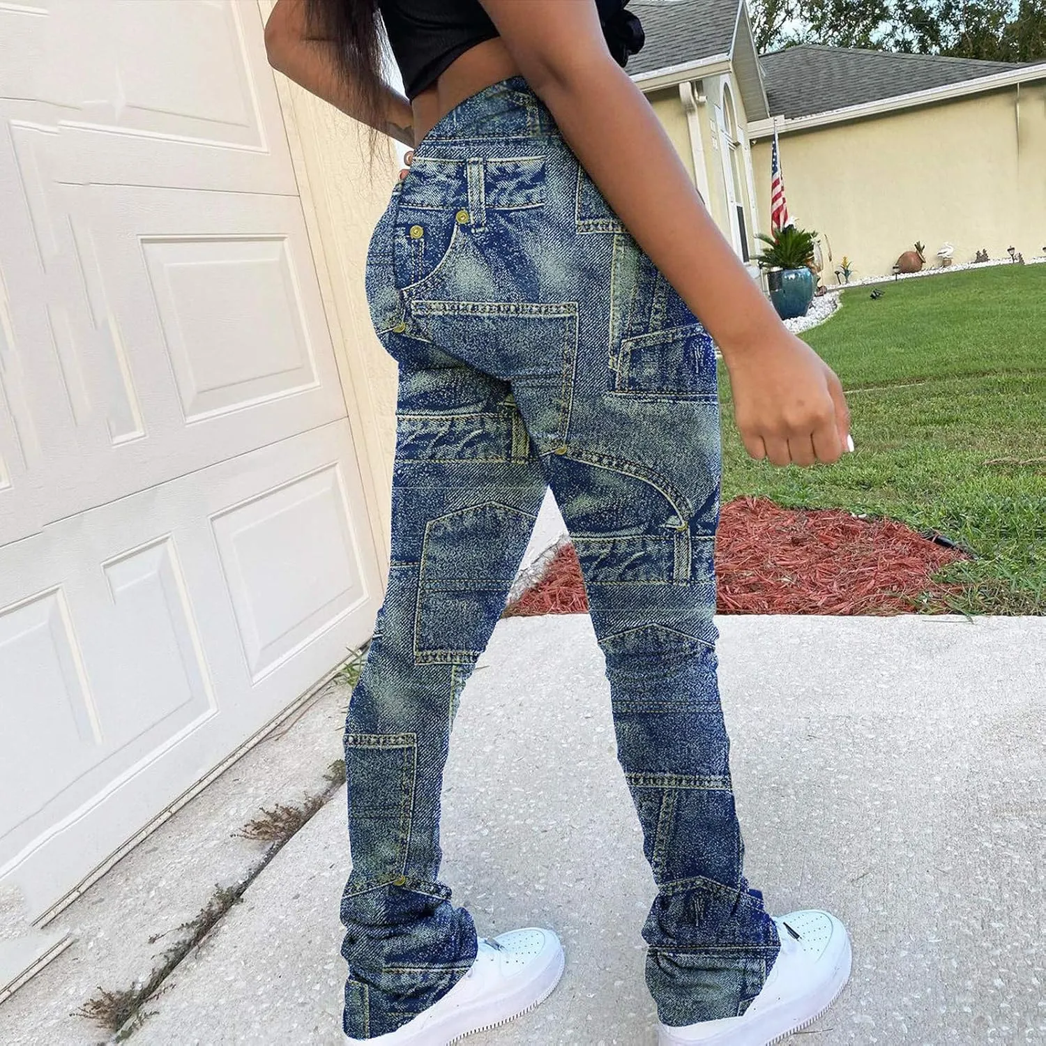 Women Casual Jeans Print Trousers High Waist Drawstring Stacked Pants Vintage Stretch Palazzo Trousers