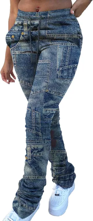 Women Casual Jeans Print Trousers High Waist Drawstring Stacked Pants Vintage Stretch Palazzo Trousers