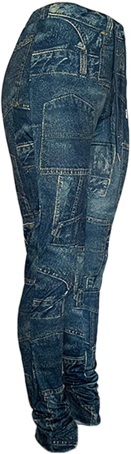 Women Casual Jeans Print Trousers High Waist Drawstring Stacked Pants Vintage Stretch Palazzo Trousers