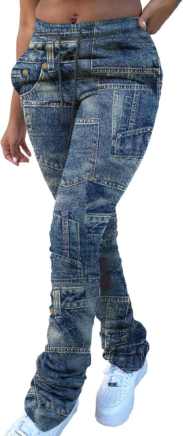 Women Casual Jeans Print Trousers High Waist Drawstring Stacked Pants Vintage Stretch Palazzo Trousers