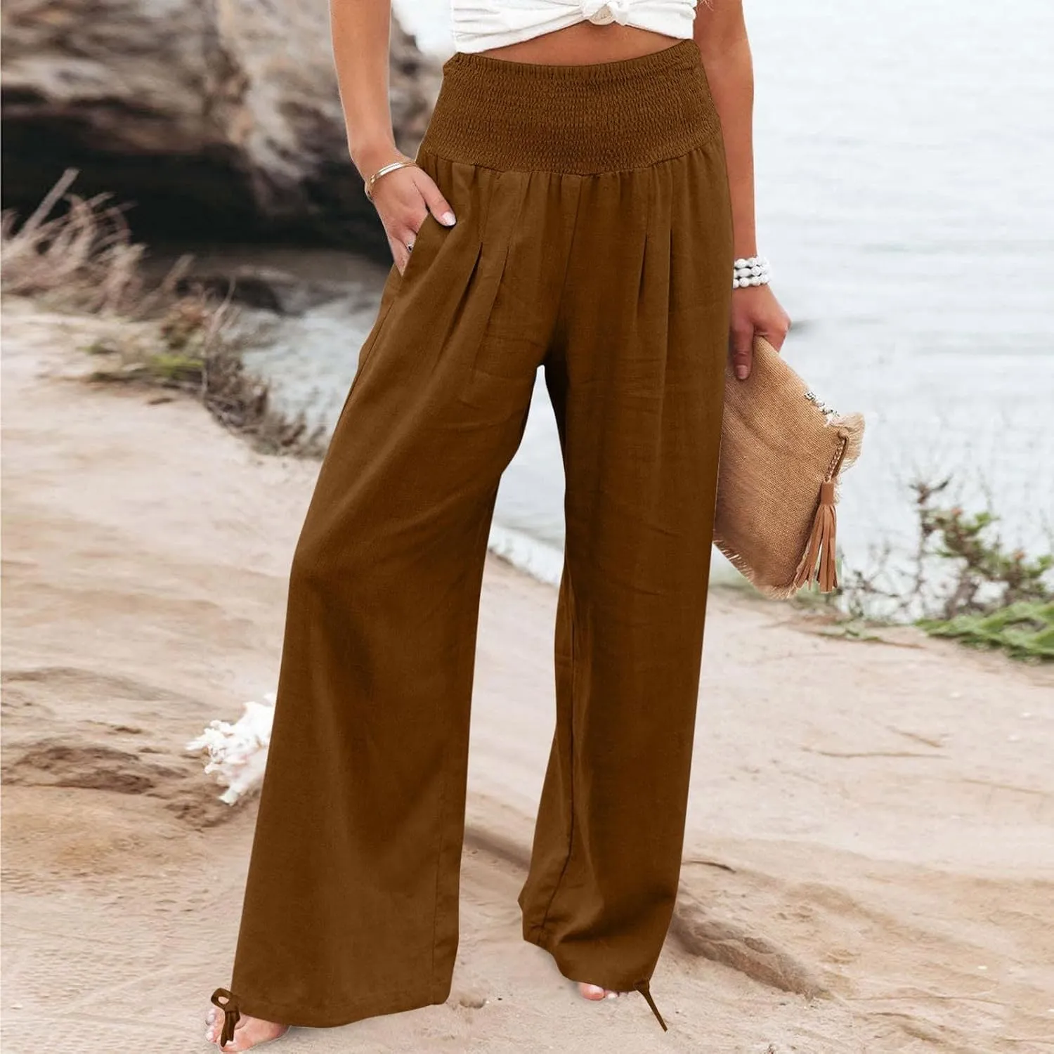 Women Cotton Linen Palazzo Pants Summer Boho Wide Leg High Waist Casual Lounge Pant 2025 Beach Travel Vacation Outfits