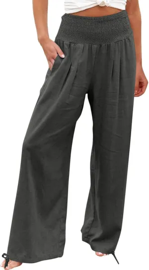Women Cotton Linen Palazzo Pants Summer Boho Wide Leg High Waist Casual Lounge Pant 2025 Beach Travel Vacation Outfits