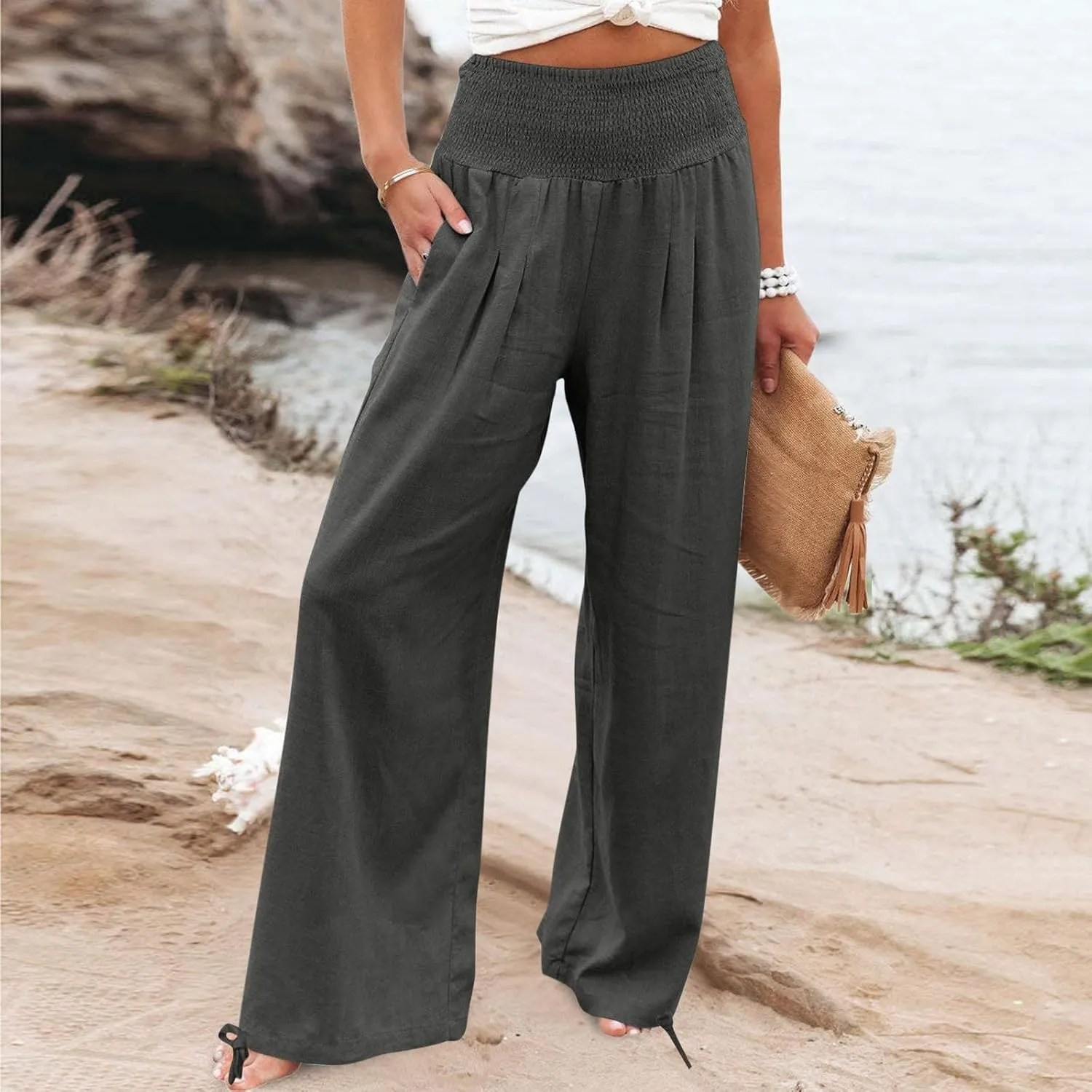 Women Cotton Linen Palazzo Pants Summer Boho Wide Leg High Waist Casual Lounge Pant 2025 Beach Travel Vacation Outfits
