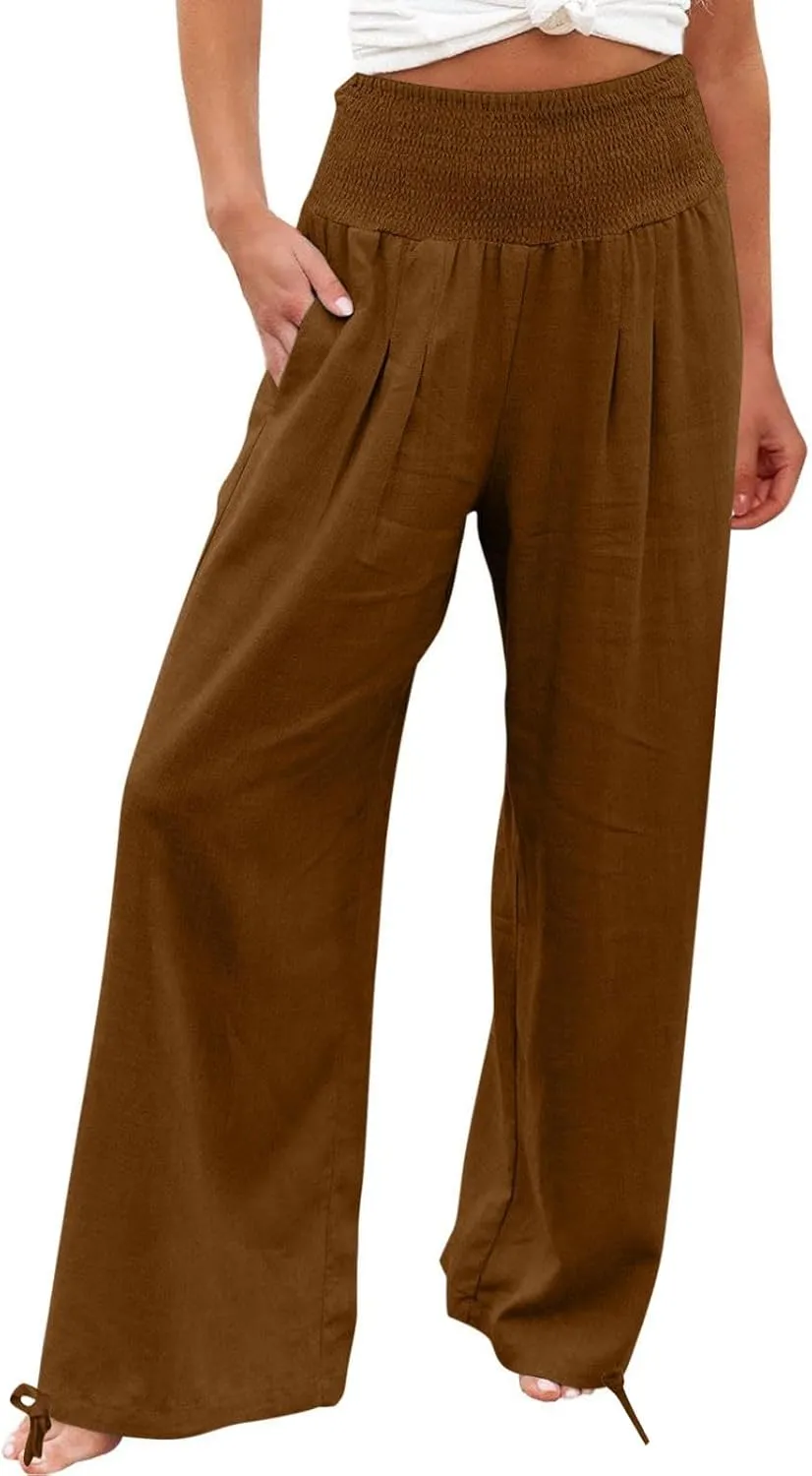 Women Cotton Linen Palazzo Pants Summer Boho Wide Leg High Waist Casual Lounge Pant 2025 Beach Travel Vacation Outfits