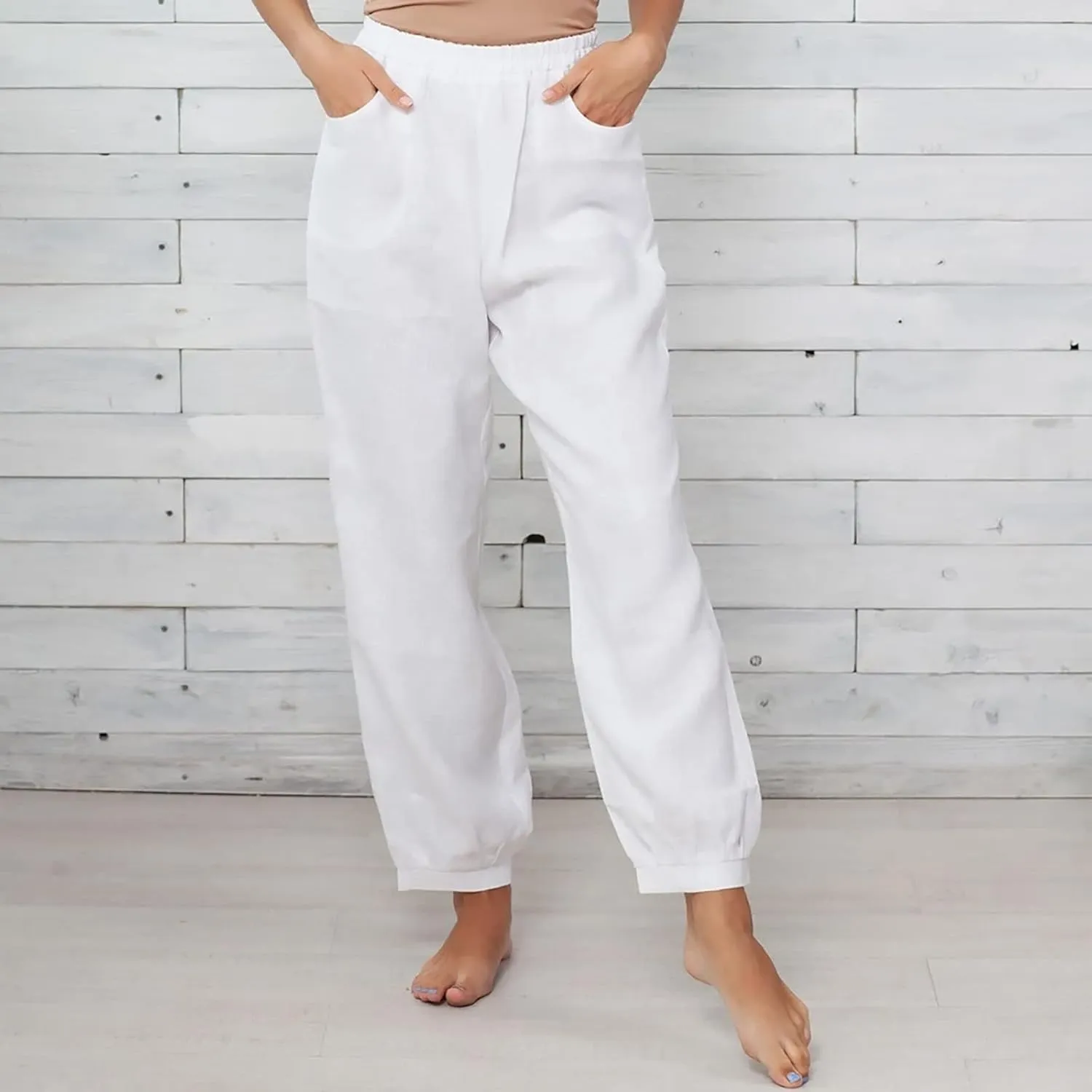 Women Cotton Linen Pants Elastic Waist Straight Wide Leg Pants Summer Casual Vacation Long Trousers with Pockets 2025