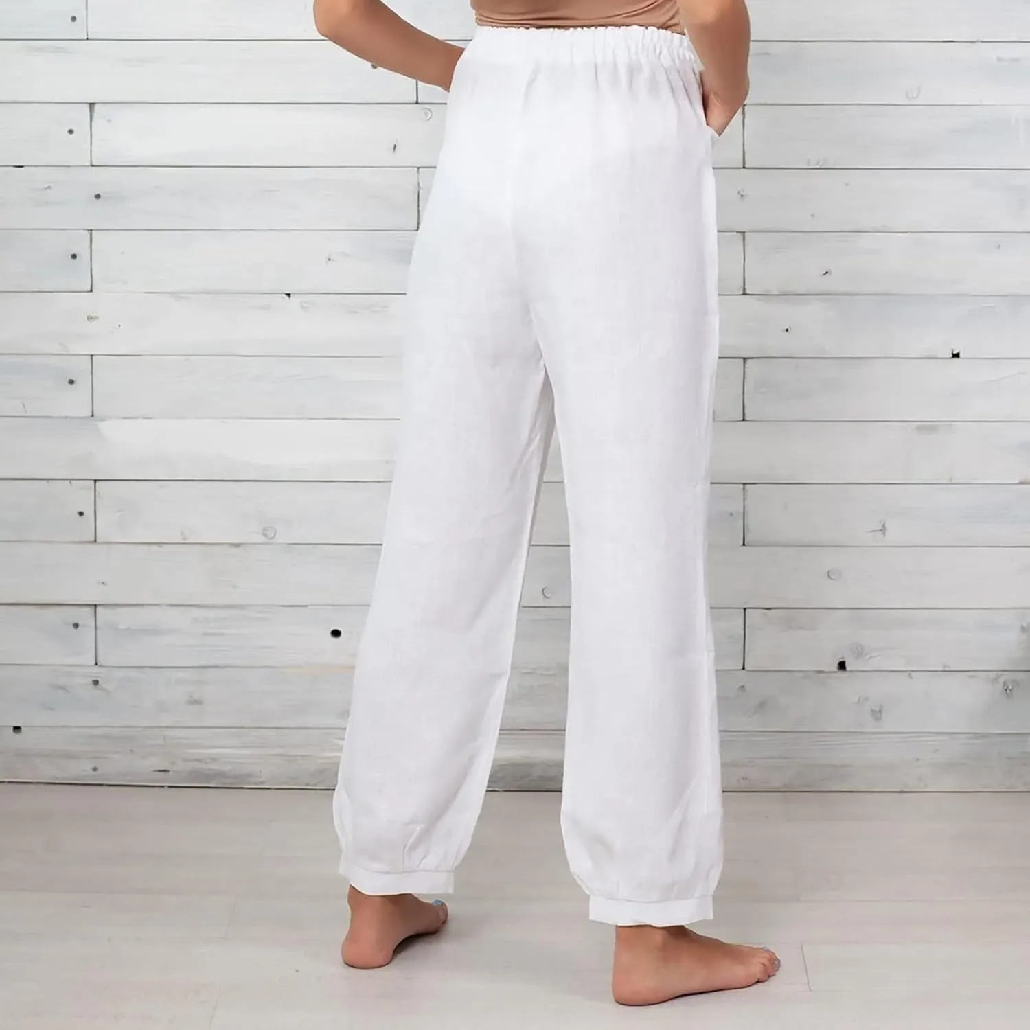 Women Cotton Linen Pants Elastic Waist Straight Wide Leg Pants Summer Casual Vacation Long Trousers with Pockets 2025
