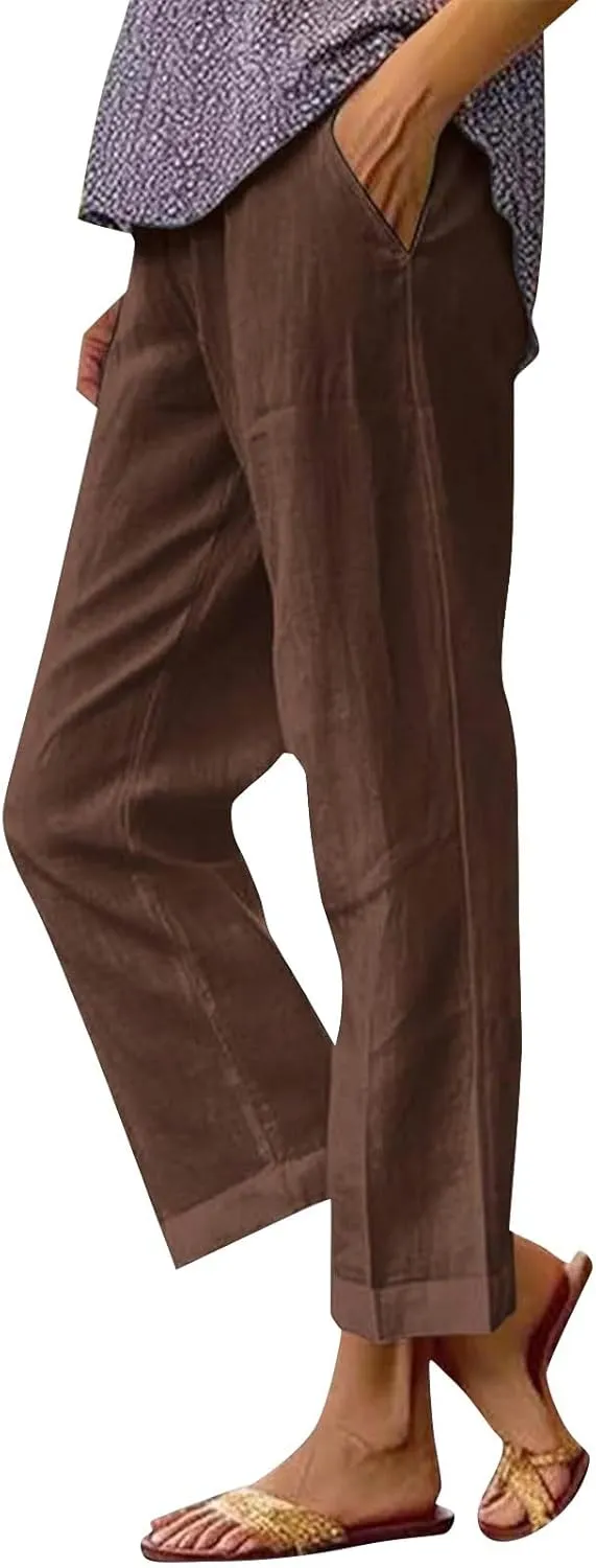 Women Cotton Linen Pants Women Summer Women's Linen Capris Wide Leg Cotton Lounge Pants Woman