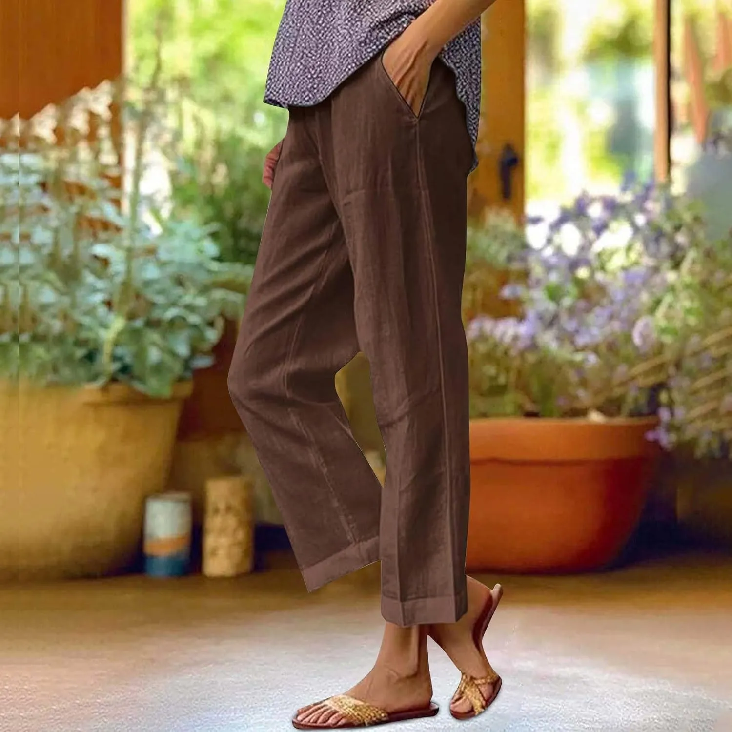 Women Cotton Linen Pants Women Summer Women's Linen Capris Wide Leg Cotton Lounge Pants Woman