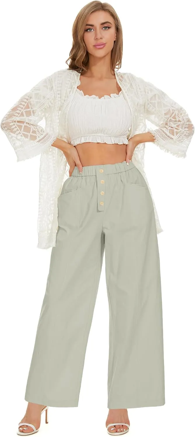 Women Cotton Pants Wide Leg Palazzo Long Lounge Slacks Drawstring High Waist Button Trousers Pocket