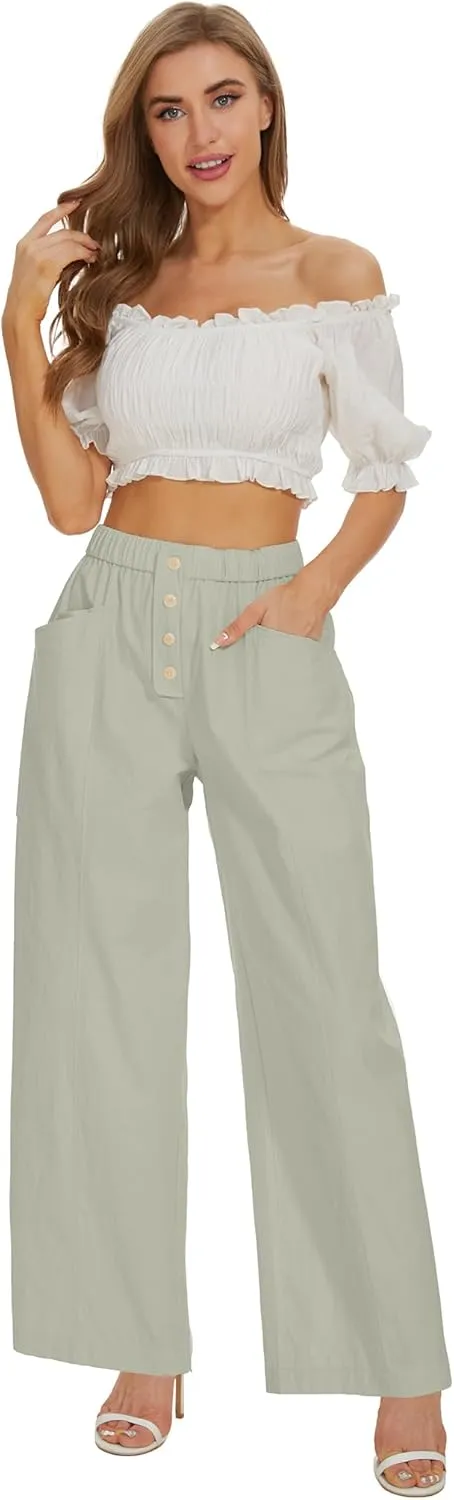 Women Cotton Pants Wide Leg Palazzo Long Lounge Slacks Drawstring High Waist Button Trousers Pocket