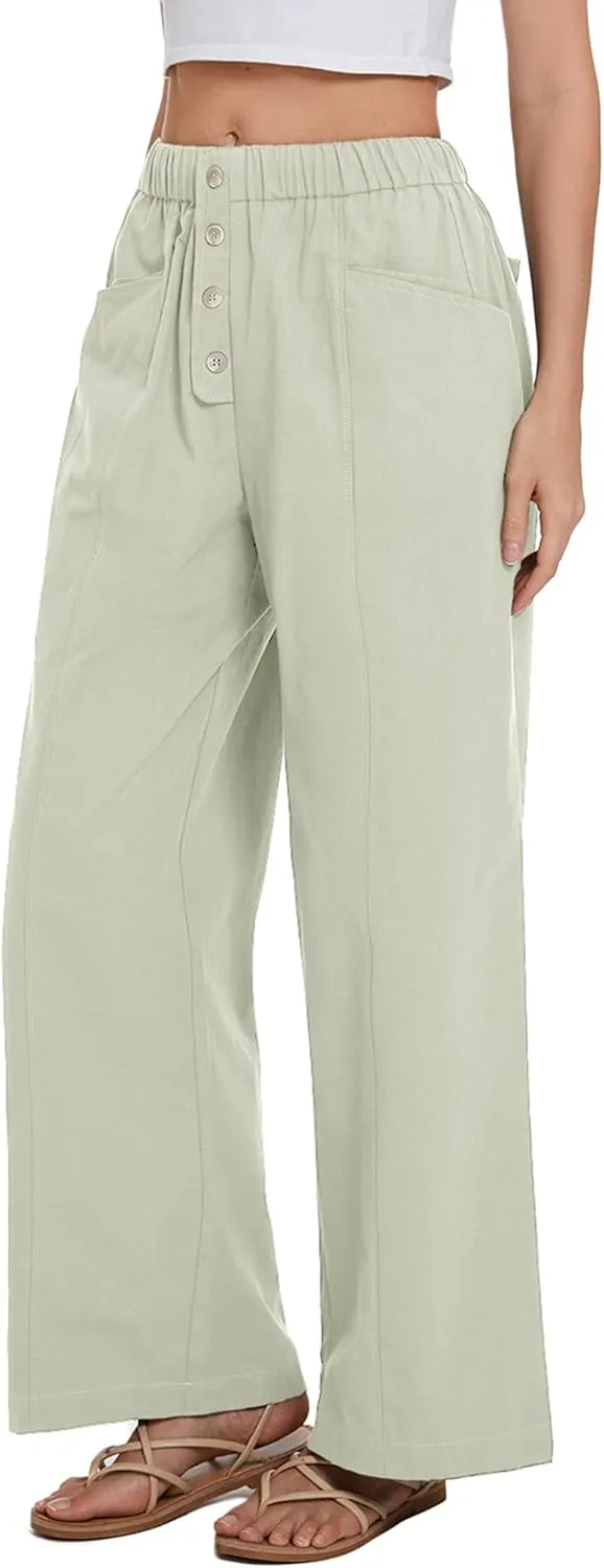 Women Cotton Pants Wide Leg Palazzo Long Lounge Slacks Drawstring High Waist Button Trousers Pocket