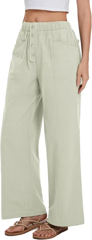 Women Cotton Pants Wide Leg Palazzo Long Lounge Slacks Drawstring High Waist Button Trousers Pocket