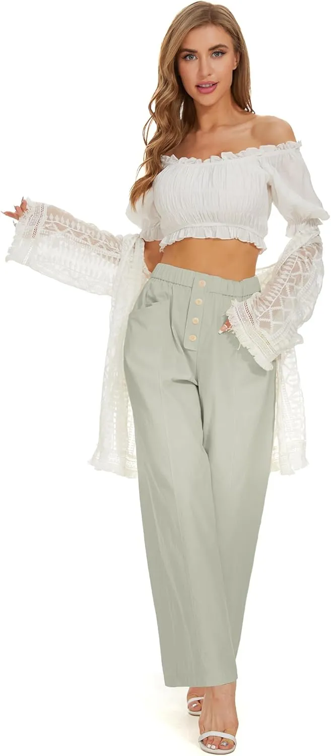 Women Cotton Pants Wide Leg Palazzo Long Lounge Slacks Drawstring High Waist Button Trousers Pocket