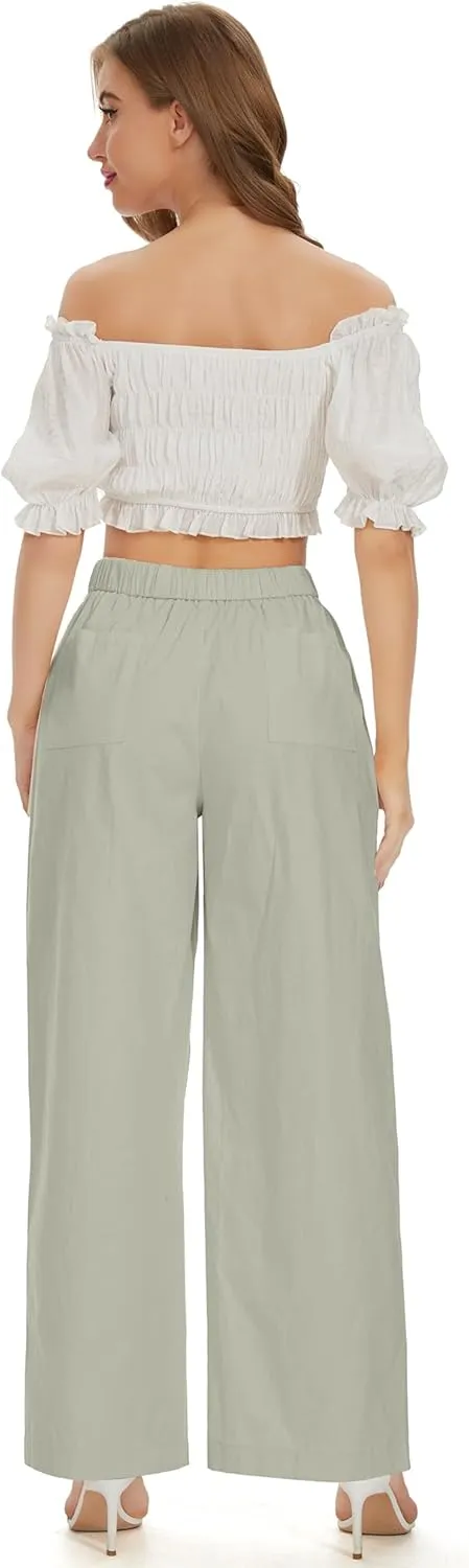 Women Cotton Pants Wide Leg Palazzo Long Lounge Slacks Drawstring High Waist Button Trousers Pocket