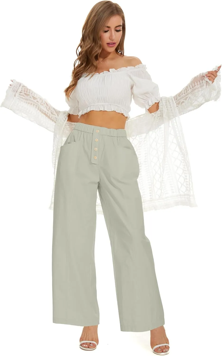 Women Cotton Pants Wide Leg Palazzo Long Lounge Slacks Drawstring High Waist Button Trousers Pocket