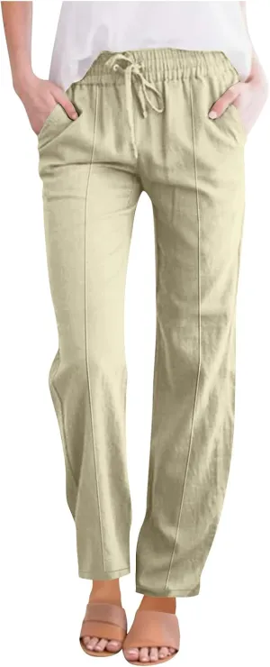 Women Linen Cotton Casual Pants Palazzo Drawstring Pockets Elastic Waist Wide Straight Leg Loose Long Slacks Trousers
