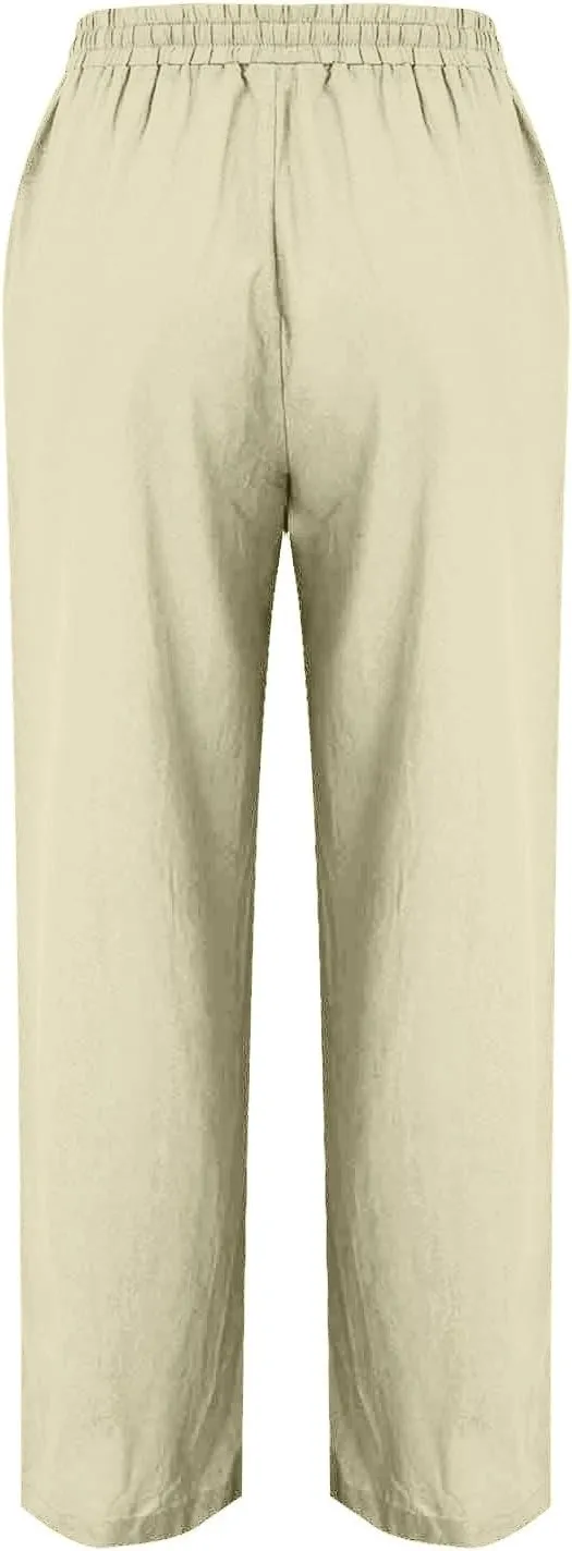 Women Linen Cotton Casual Pants Palazzo Drawstring Pockets Elastic Waist Wide Straight Leg Loose Long Slacks Trousers