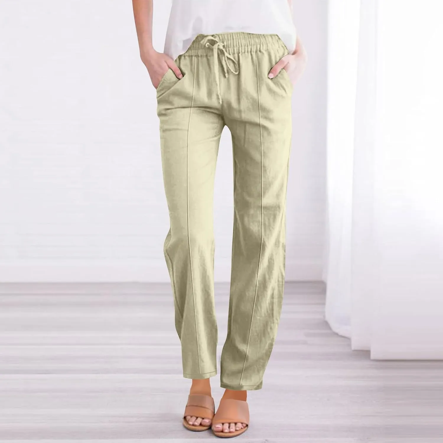 Women Linen Cotton Casual Pants Palazzo Drawstring Pockets Elastic Waist Wide Straight Leg Loose Long Slacks Trousers