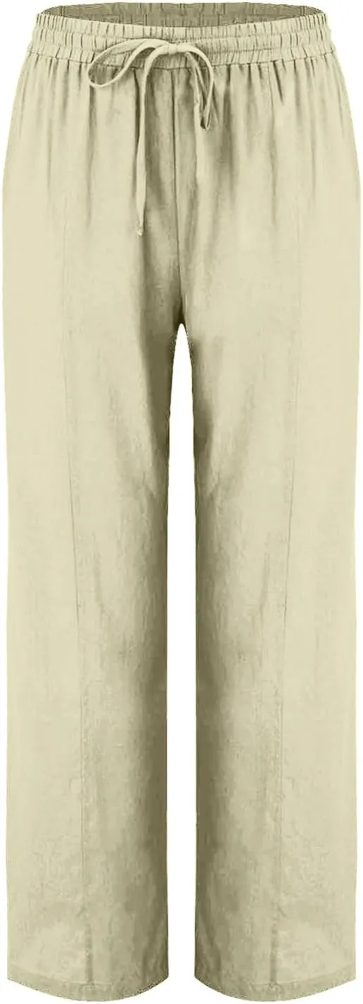 Women Linen Cotton Casual Pants Palazzo Drawstring Pockets Elastic Waist Wide Straight Leg Loose Long Slacks Trousers