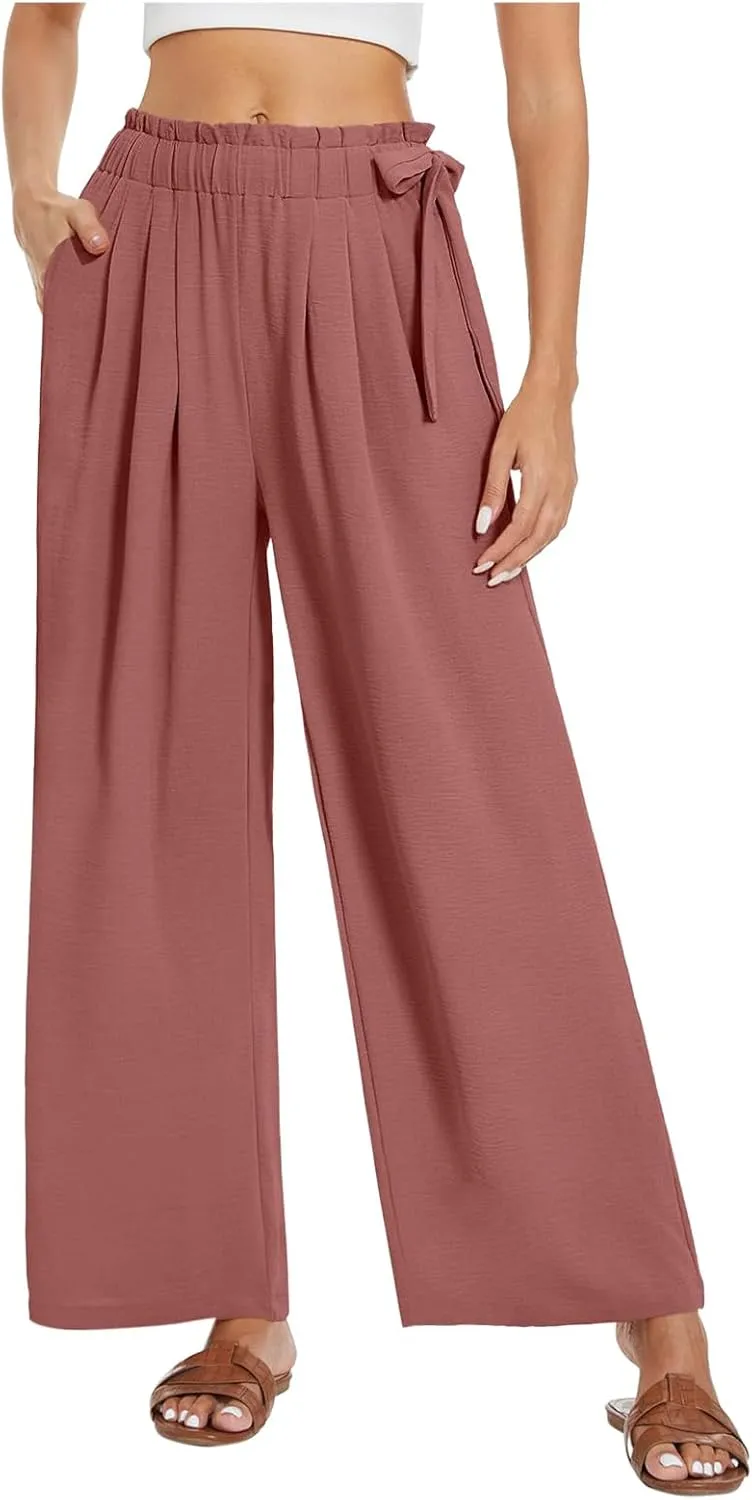 Women Linen Palazzo Pants Summer Boho Wide Leg High Waist Flowy Casual Trousers Lounge Adjustable Tie Knot Trousers