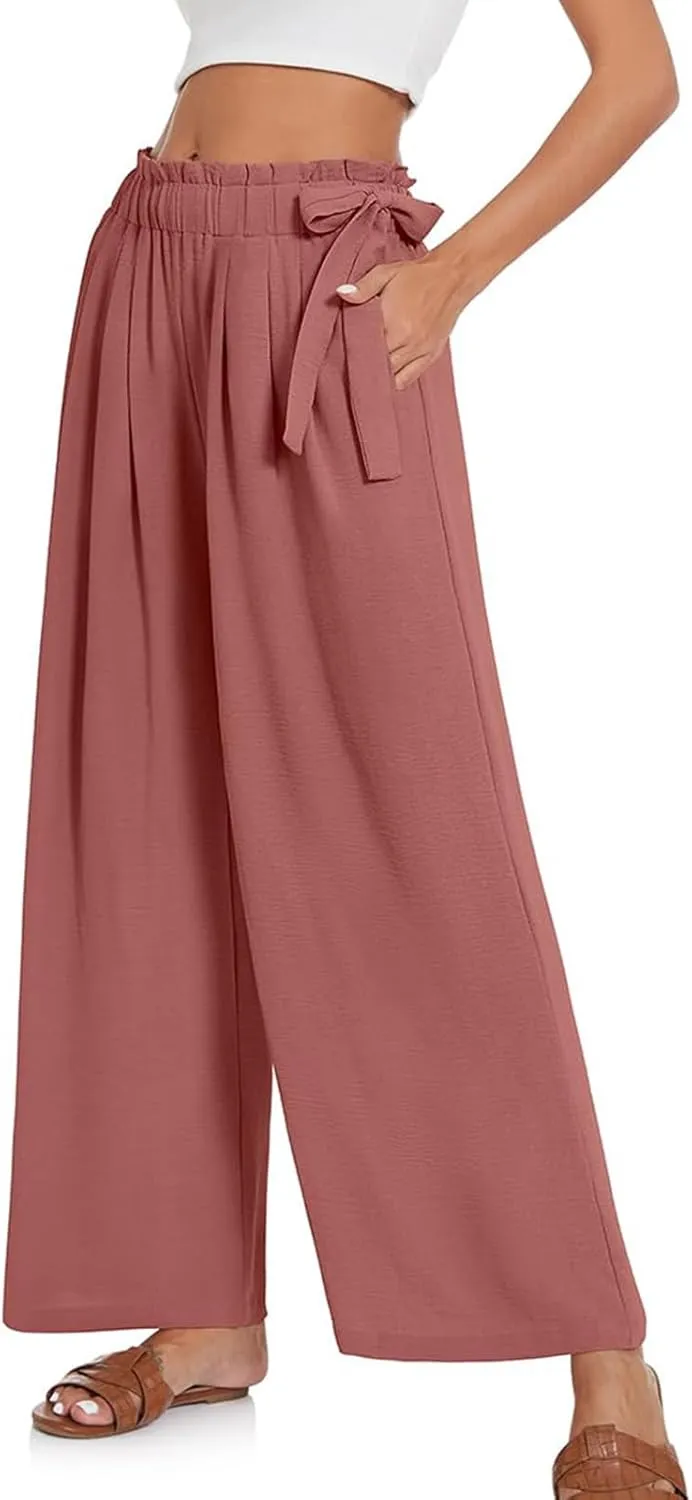 Women Linen Palazzo Pants Summer Boho Wide Leg High Waist Flowy Casual Trousers Lounge Adjustable Tie Knot Trousers