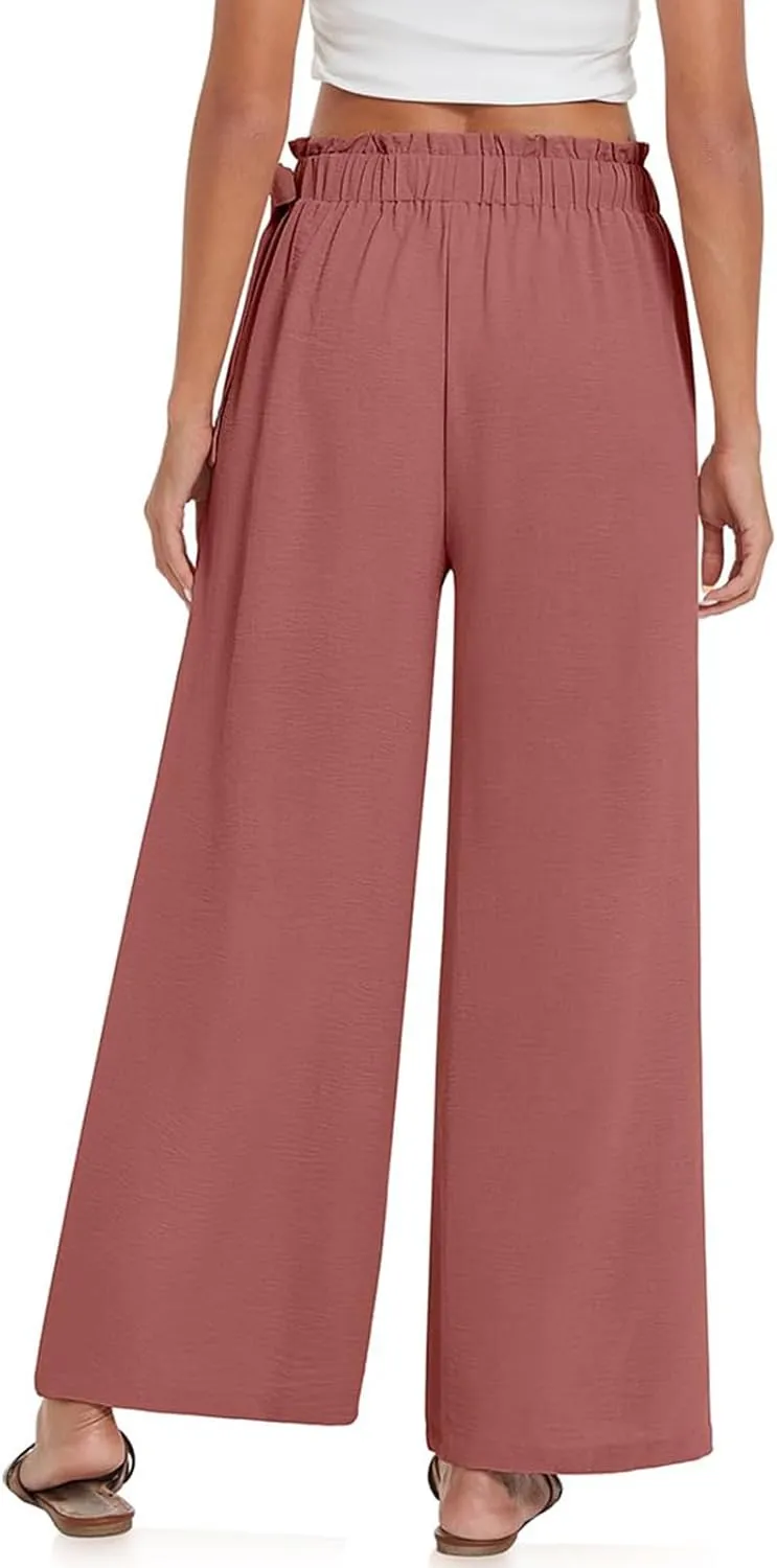 Women Linen Palazzo Pants Summer Boho Wide Leg High Waist Flowy Casual Trousers Lounge Adjustable Tie Knot Trousers