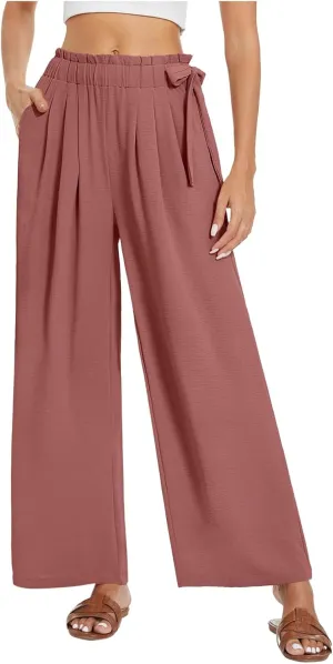 Women Linen Palazzo Pants Summer Boho Wide Leg High Waist Flowy Casual Trousers Lounge Adjustable Tie Knot Trousers