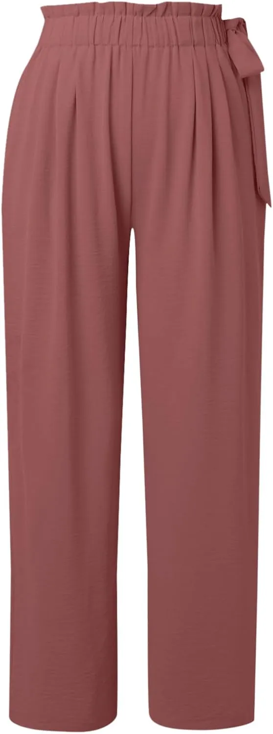 Women Linen Palazzo Pants Summer Boho Wide Leg High Waist Flowy Casual Trousers Lounge Adjustable Tie Knot Trousers