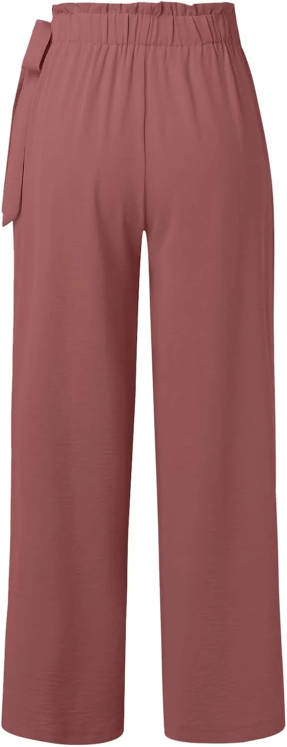 Women Linen Palazzo Pants Summer Boho Wide Leg High Waist Flowy Casual Trousers Lounge Adjustable Tie Knot Trousers