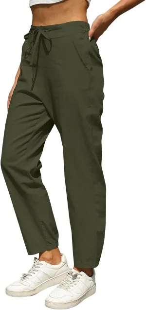 Women Linen Pants Joggers, Casual Lightweight Lounge Pants 2025 Cotton Linen Travel Beach Summer Trouser with Pockets