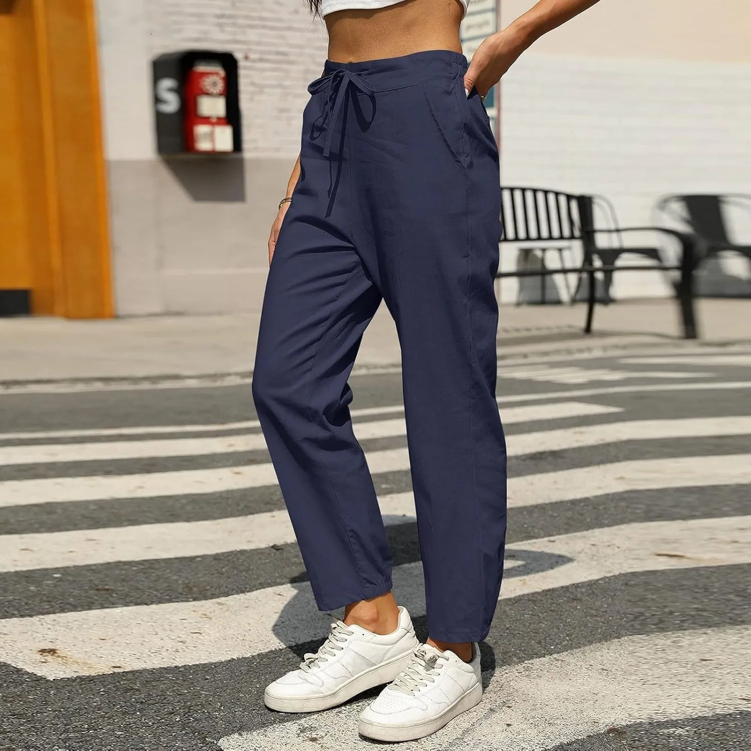 Women Linen Pants Joggers, Casual Lightweight Lounge Pants 2025 Cotton Linen Travel Beach Summer Trouser with Pockets
