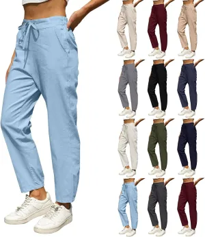 Women Linen Pants Joggers, Casual Lightweight Lounge Pants 2025 Cotton Linen Travel Beach Summer Trouser with Pockets