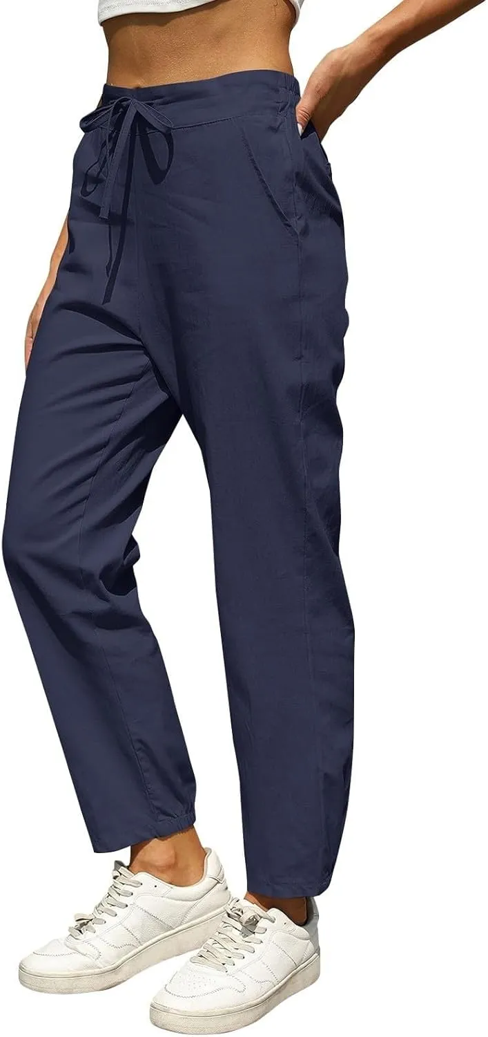 Women Linen Pants Joggers, Casual Lightweight Lounge Pants 2025 Cotton Linen Travel Beach Summer Trouser with Pockets