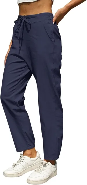 Women Linen Pants Joggers, Casual Lightweight Lounge Pants 2025 Cotton Linen Travel Beach Summer Trouser with Pockets