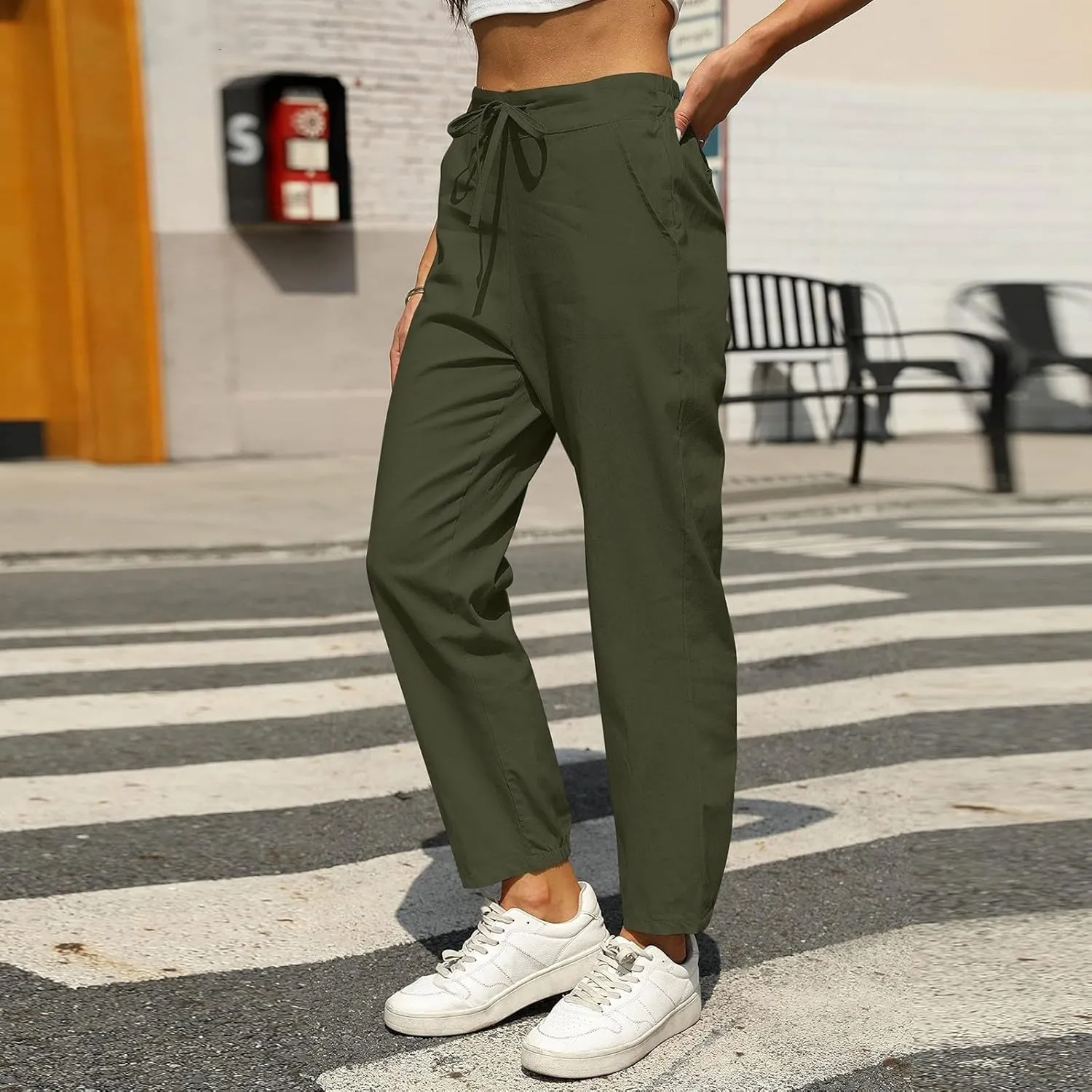 Women Linen Pants Joggers, Casual Lightweight Lounge Pants 2025 Cotton Linen Travel Beach Summer Trouser with Pockets