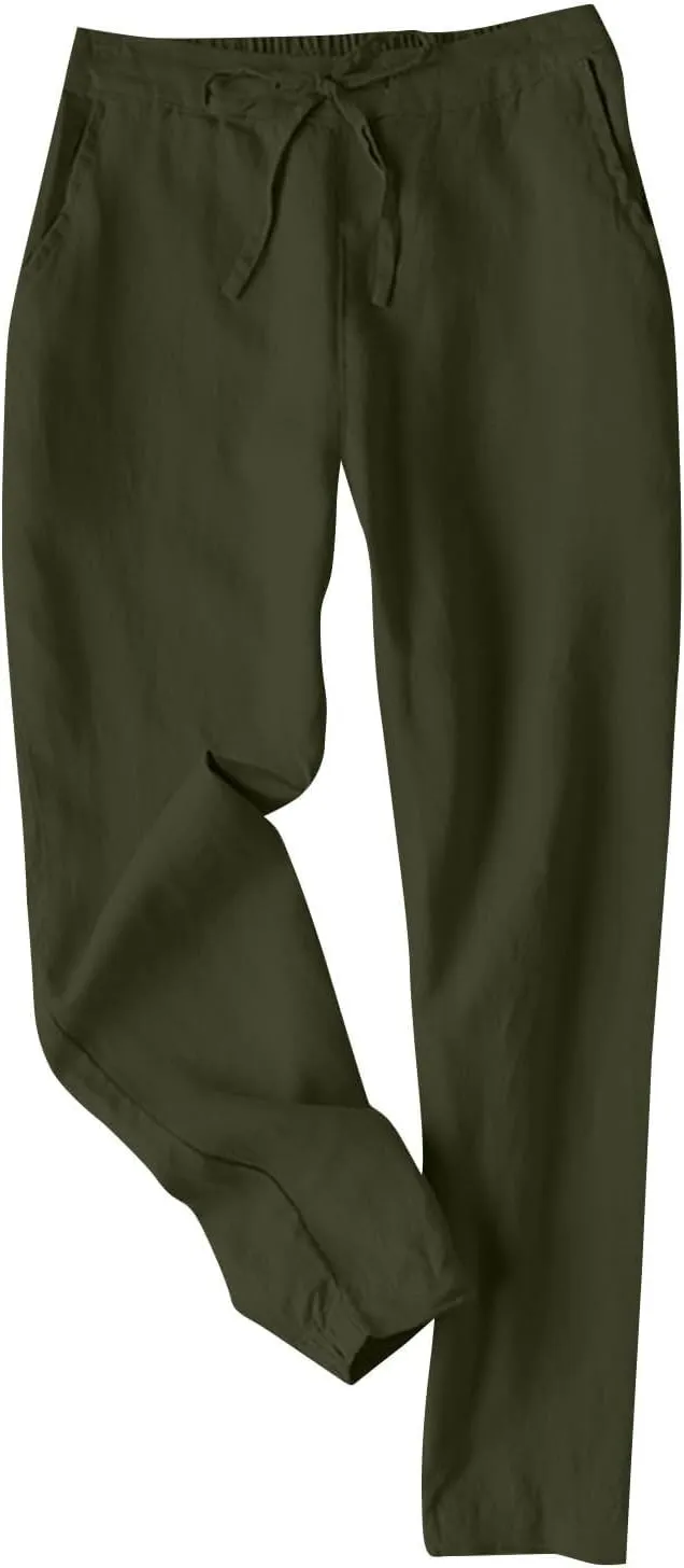 Women Linen Pants Joggers, Casual Lightweight Lounge Pants 2025 Cotton Linen Travel Beach Summer Trouser with Pockets