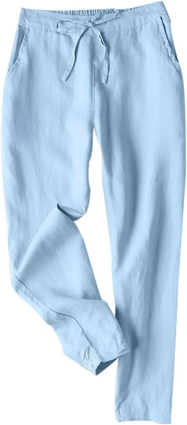 Women Linen Pants Joggers, Casual Lightweight Lounge Pants 2025 Cotton Linen Travel Beach Summer Trouser with Pockets