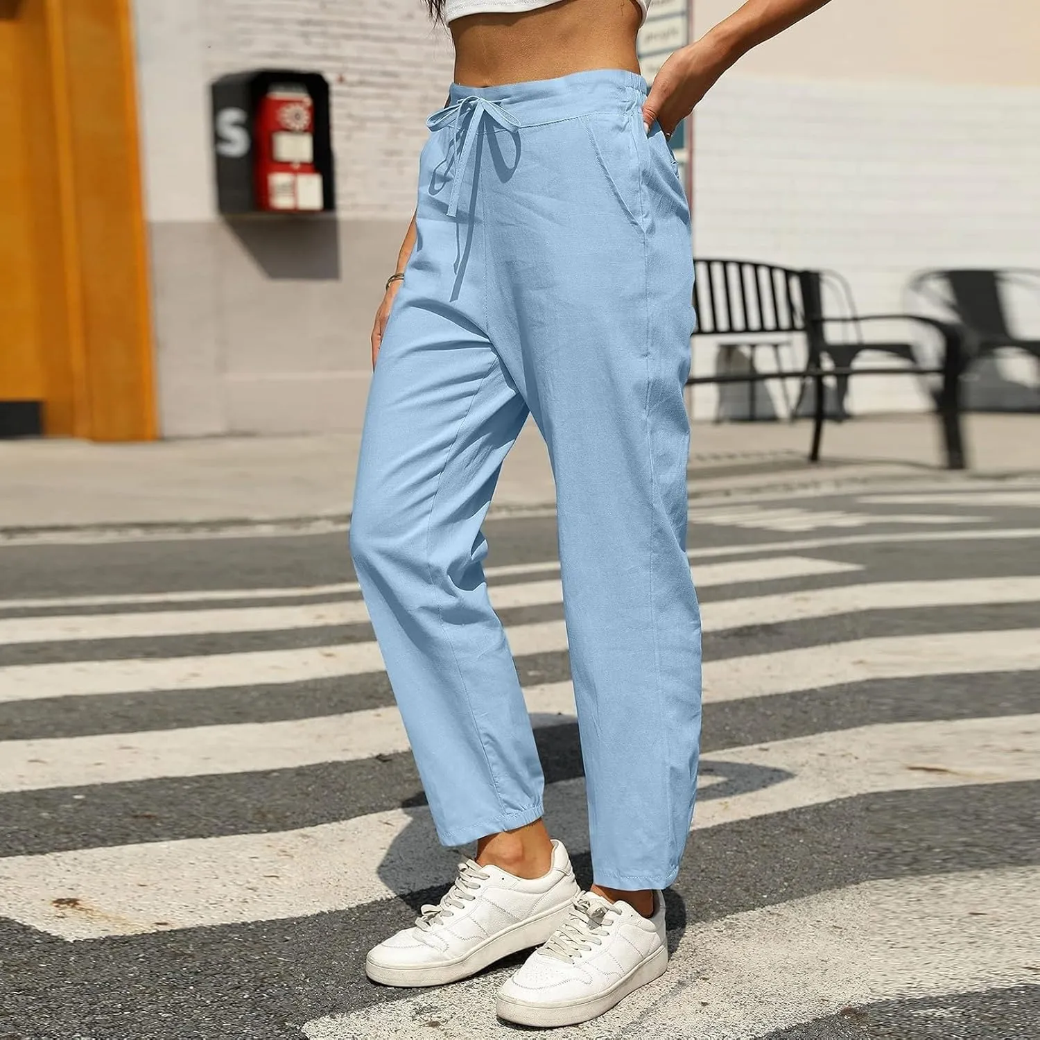 Women Linen Pants Joggers, Casual Lightweight Lounge Pants 2025 Cotton Linen Travel Beach Summer Trouser with Pockets