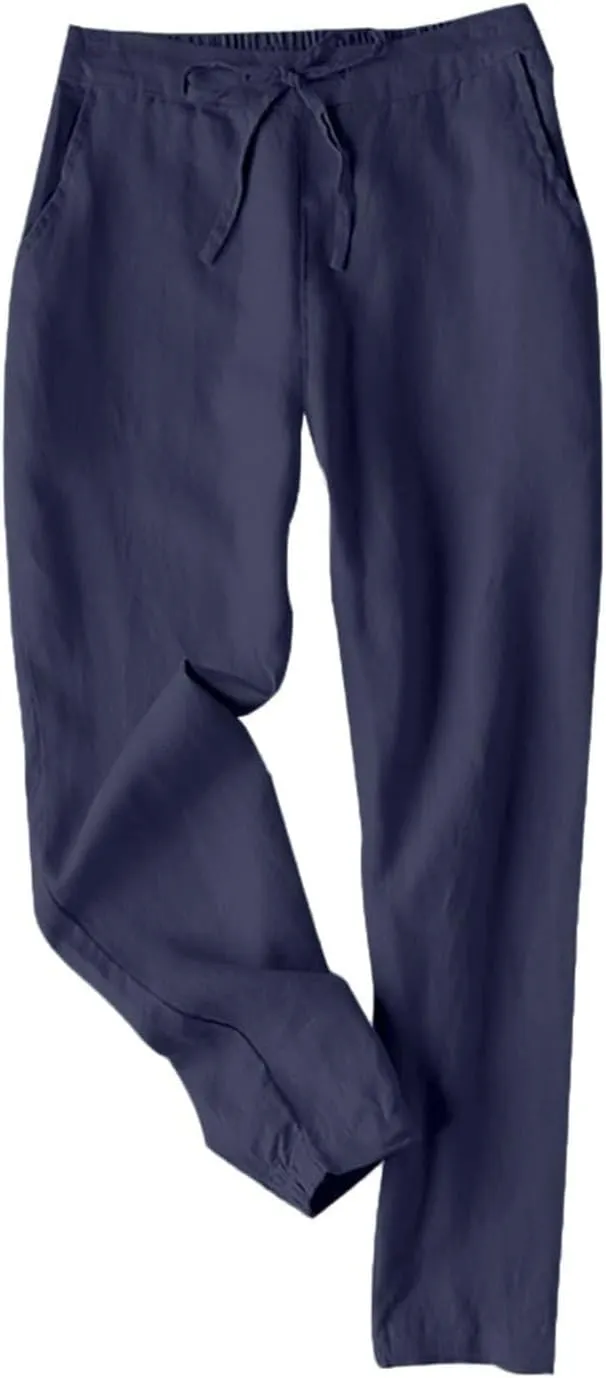 Women Linen Pants Joggers, Casual Lightweight Lounge Pants 2025 Cotton Linen Travel Beach Summer Trouser with Pockets