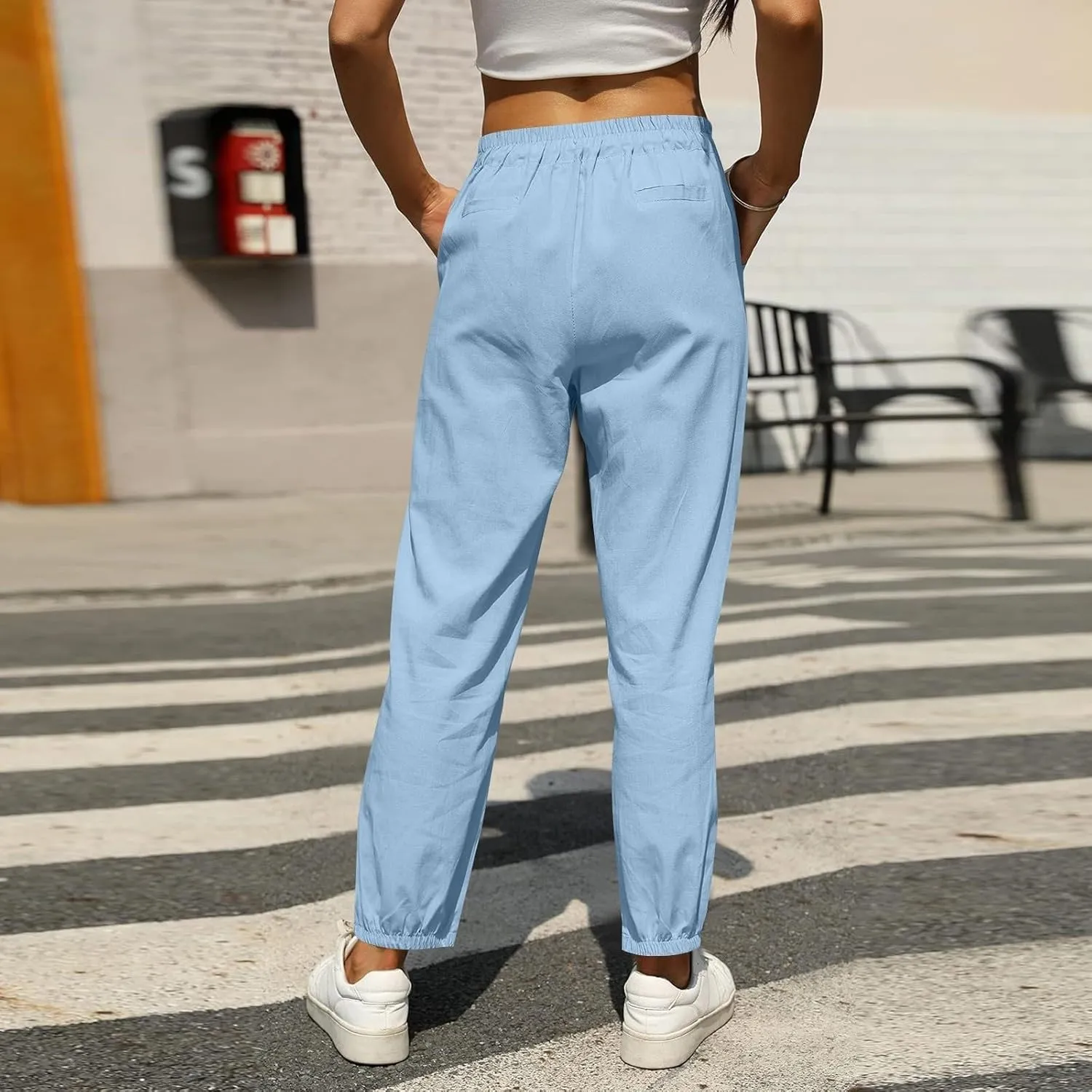 Women Linen Pants Joggers, Casual Lightweight Lounge Pants 2025 Cotton Linen Travel Beach Summer Trouser with Pockets