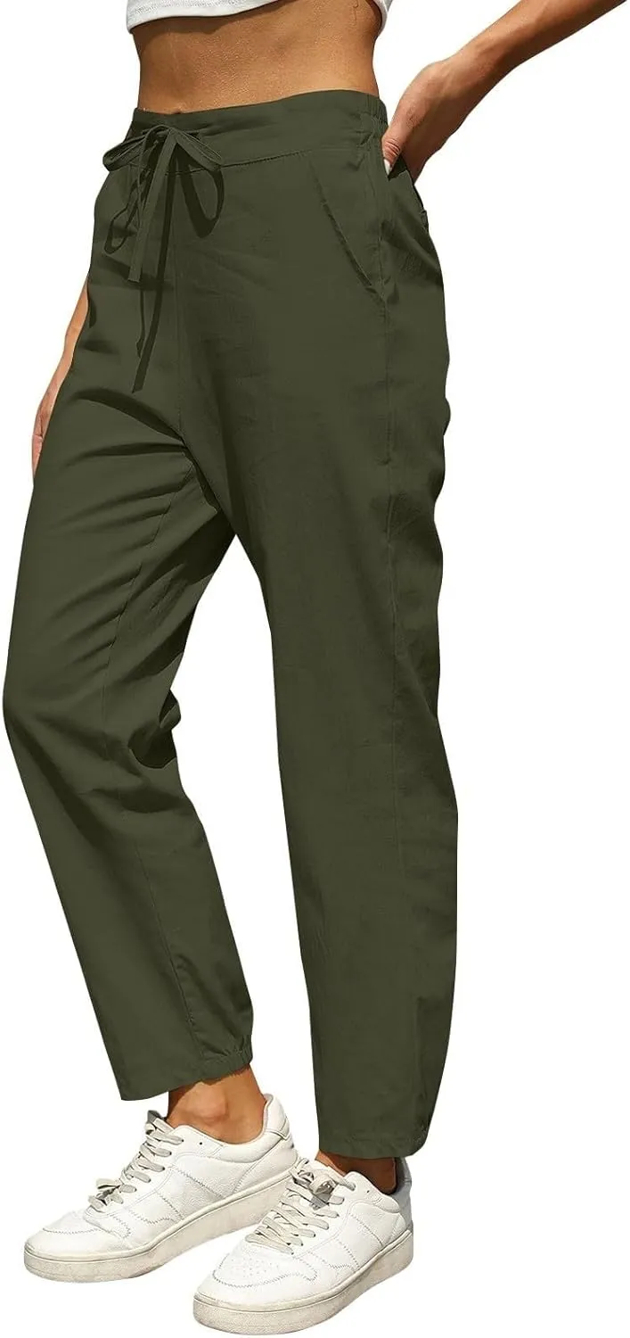 Women Linen Pants Joggers, Casual Lightweight Lounge Pants 2025 Cotton Linen Travel Beach Summer Trouser with Pockets