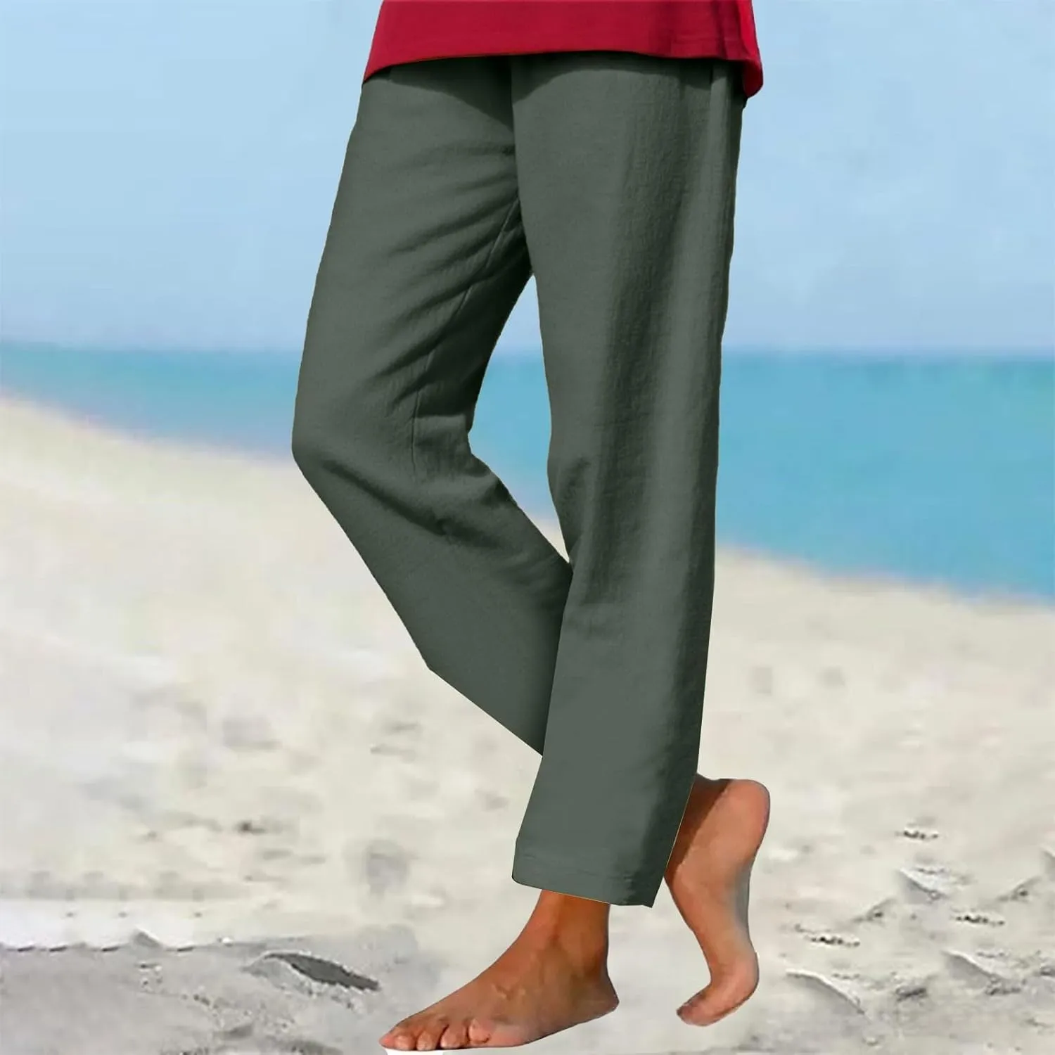 Women Linen Pants Lightweight Capri Pants with Pockets Summer Casual Beach Elastic Waist Wide Leg Loose Fit Trousers