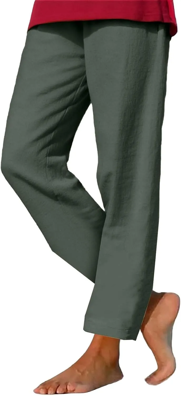 Women Linen Pants Lightweight Capri Pants with Pockets Summer Casual Beach Elastic Waist Wide Leg Loose Fit Trousers