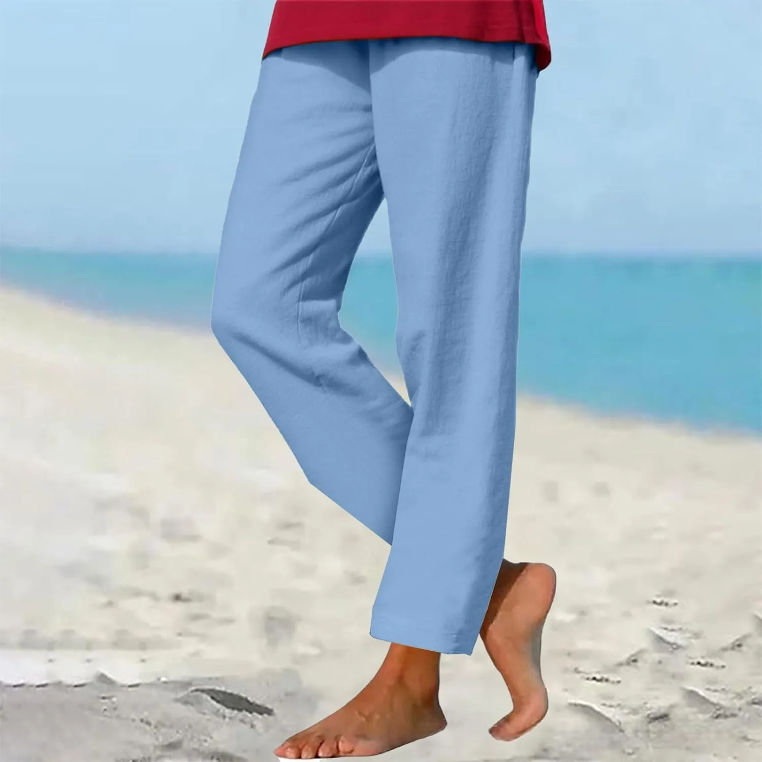 Women Linen Pants Lightweight Capri Pants with Pockets Summer Casual Beach Elastic Waist Wide Leg Loose Fit Trousers