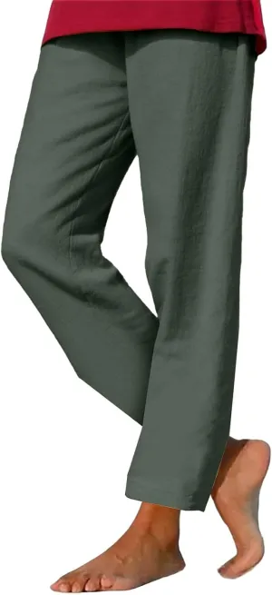 Women Linen Pants Lightweight Capri Pants with Pockets Summer Casual Beach Elastic Waist Wide Leg Loose Fit Trousers