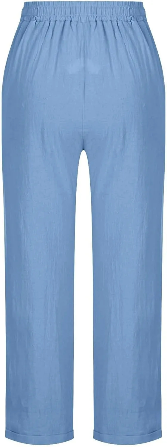 Women Linen Pants Lightweight Capri Pants with Pockets Summer Casual Beach Elastic Waist Wide Leg Loose Fit Trousers