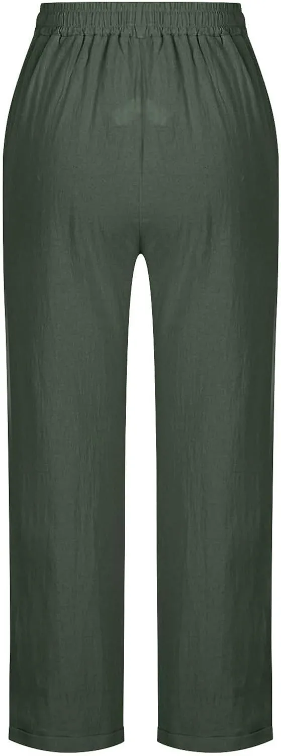 Women Linen Pants Lightweight Capri Pants with Pockets Summer Casual Beach Elastic Waist Wide Leg Loose Fit Trousers