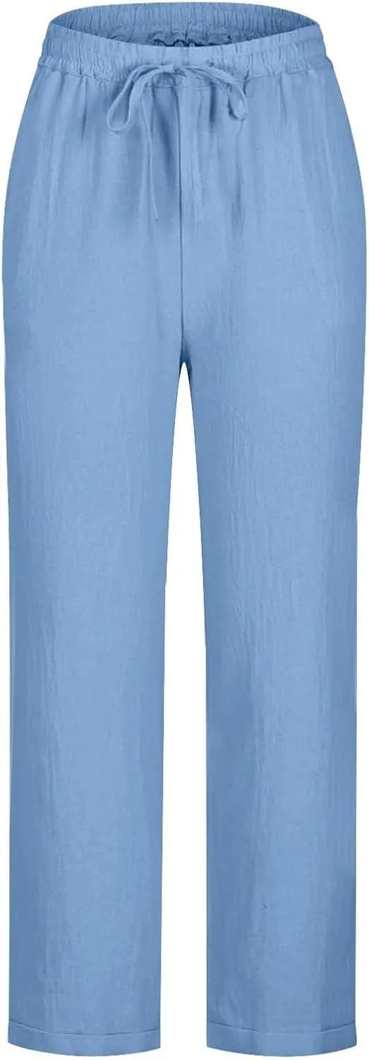 Women Linen Pants Lightweight Capri Pants with Pockets Summer Casual Beach Elastic Waist Wide Leg Loose Fit Trousers