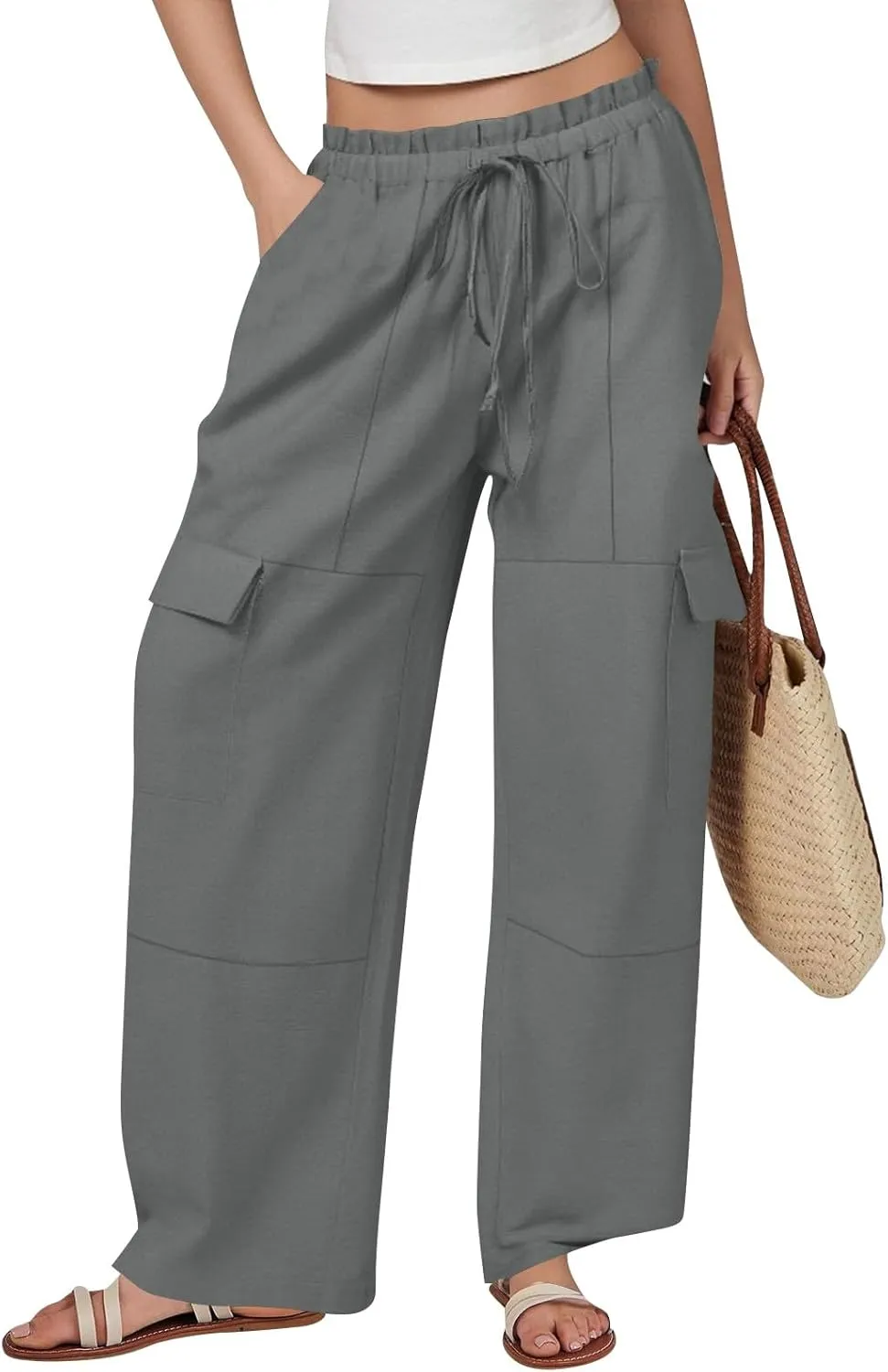 Women Linen Pants Summer Drawstring High Wasited Baggy Cargo Pants Wide Leg Lounge Pant Lightweight Hiking Pant